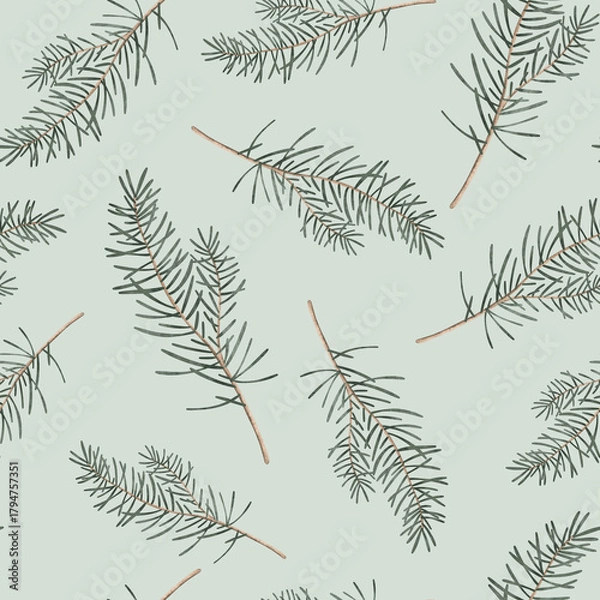 Fototapeta Seamless pattern with watercolor Christmas tree branches or pine branches. Hand painted illustration on isolated background. Repeat ornament for new year.