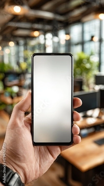 Fototapeta Smartphone mockup with blank screen hands holding phone modern lifestyle digital device presentation in office environment