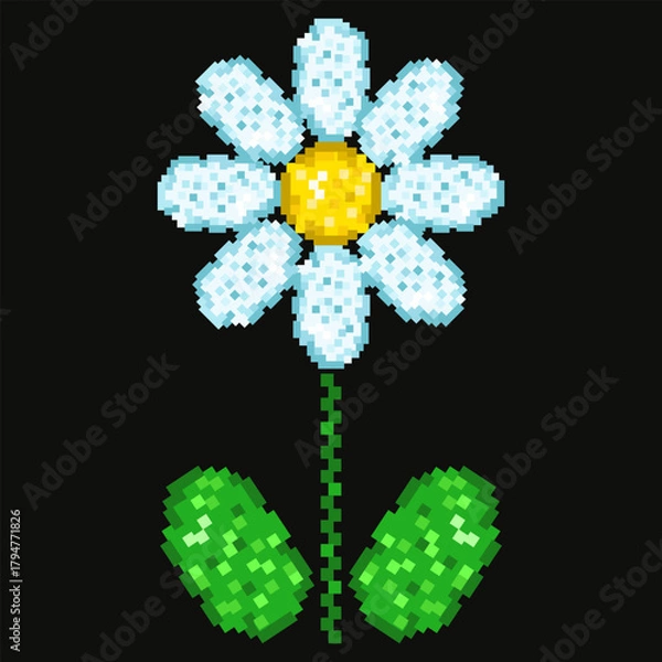 Fototapeta Pixel vector Summer Flower template design. Blossom daisy Flower in Pixel art stylish isolated black. Ideal for retro game decor t-shirt print. EPS 10