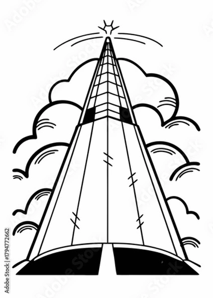 Fototapeta Minimilist illustration of a towering structure reaching towards the sky surrounded by stylized clouds and a star vector