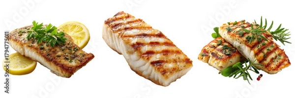 Fototapeta Grilled fish fillets with lemon slices and fresh herbs isolated on a transparent background seafood food