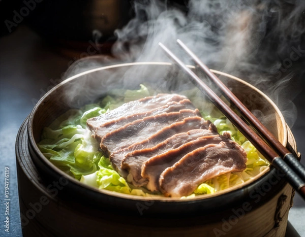 Fototapeta せいろで作った蒸し豚 日本料理