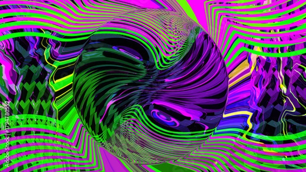 Fototapeta Bright fluid neon light background. Abstract liquid green purple pink wave. Glitch Art trippy digital screen. banner. Template. line. Bubble. Deep Tech card. geometric texture. Energy. Circle. VR