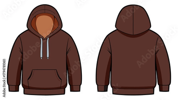 Obraz brown  sweatshirt hoodie mockup featuring both front and back perspectives, provided on a white background.