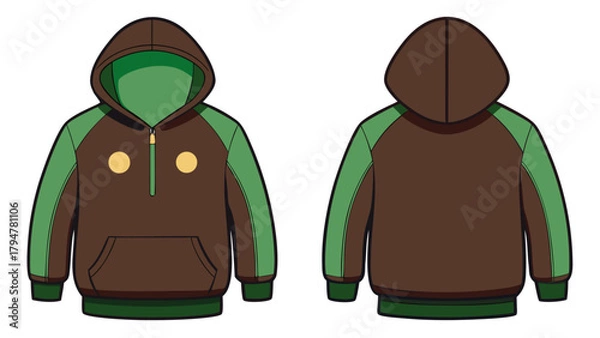 Obraz Green brown  sweatshirt hoodie mockup featuring both front and back perspectives, provided on a white background.