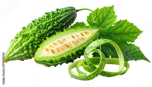Obraz Green, bumpy bitter melon and sliced half, with leaves and rind curl