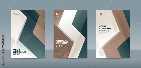Obraz Elegant template with a modern abstract zig-zag geometric pattern in muted tones of dark teal, beige, and brown. A4 size book cover template for annual report, magazine, booklet, proposal, portfolio