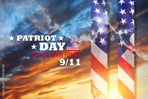 Fototapeta Patriot Day We Will Never Forget inscription with towers with the pattern of the USA flag on background of sunset sky. 09.11.2001 American Patriot Day.