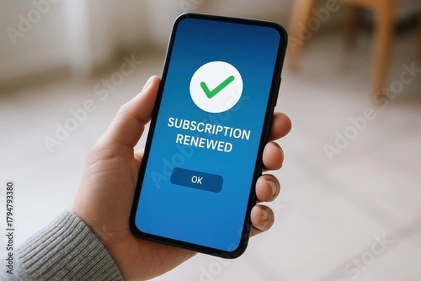 Fototapeta Hand holds smartphone displaying a bright blue screen with a green checkmark confirming successful subscription renewal, highlighting digital convenience and satisfaction