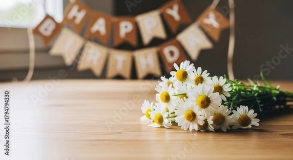 Fototapeta Paper birthday garland with daisies on a wooden table background