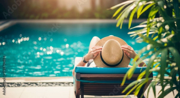 Fototapeta Woman relaxing by swimming pool in sunny outdoor setting  