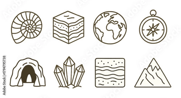 Fototapeta Geology icons set featuring fossil, layers, earth, compass, cave, crystals, waves, mountains