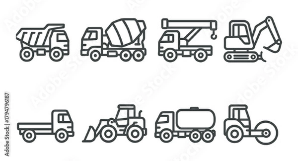 Fototapeta Set of construction vehicle icons with excavator, cement mixer, crane, bulldozer, and more