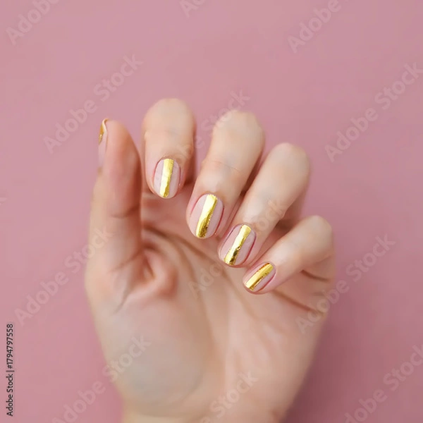 Fototapeta Stylish nail design on elegant hands over pastel pink surface.