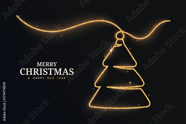 Fototapeta Gold glitter tree continuous line isolated on a black background. Christmas glowing tree with confetti. Vector illustration