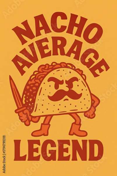 Fototapeta Nacho Average Legend: Unleash Your Inner Taco Warrior with this Hilarious & Fierce Retro Design! Perfect for Foodies, Pun Lovers, and Anyone Who's Truly Legendary. Grab Yours Today!
