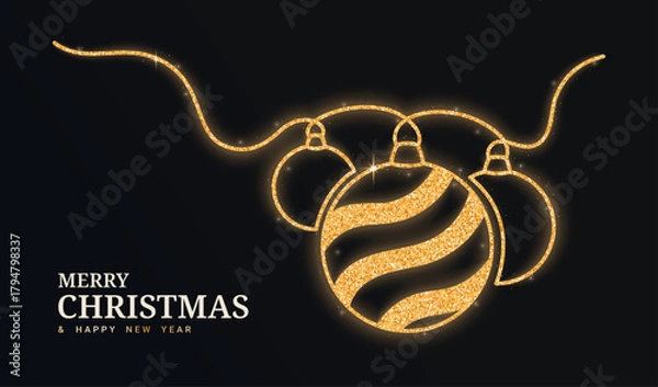 Fototapeta Gold glitter balls continuous line isolated on a black background. Christmas glowing balls with confetti. Vector illustration