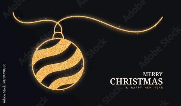 Fototapeta Gold glitter ball continuous line isolated on a black background. Christmas glowing ball with confetti. Vector illustration