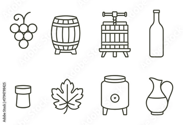 Fototapeta Vintage wine making icons featuring grapes barrel leaf and bottle