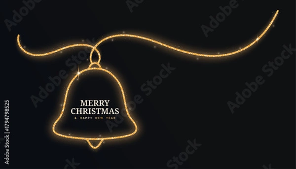 Fototapeta Gold glitter bell continuous line isolated on a black background. Christmas glowing bell with confetti. Vector illustration