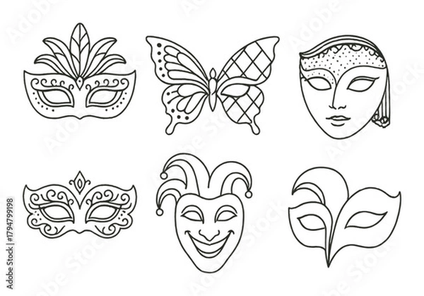 Fototapeta Collection of six intricate masquerade masks with various designs