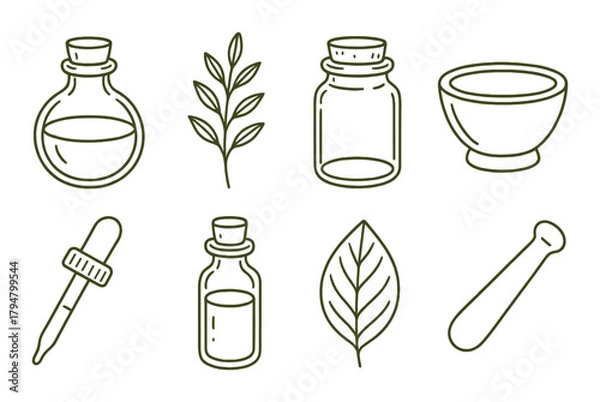 Fototapeta Hand-drawn aromatherapy icons on olive background