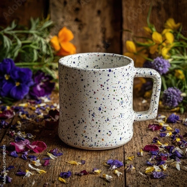Obraz Colorful Speckled Mug Surrounded By Flowers On Wooden Table