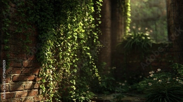Obraz Sunlight Filtering Through Ivy On Brick Wall