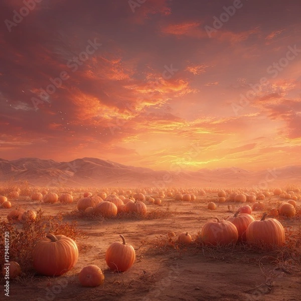 Obraz Pumpkin Field At Sunset With Warm Colors And Glowing Light