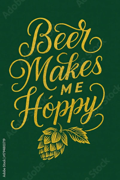 Fototapeta Golden "Beer Makes Me Hoppy" script with a captivating glitter texture and a finely detailed hop cone illustration set against a deep forest green backdrop. A vibrant design perfect for craf