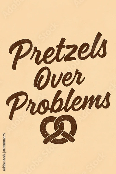 Fototapeta Delicious 'Pretzels Over Problems' design, a vintage-style graphic with a hand-drawn pretzel icon. Rustic brown script on a warm beige. A comforting reminder to choose joy and snacks over li