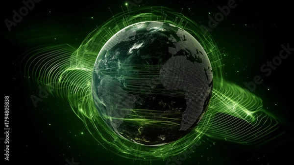 Fototapeta A futuristic vision of green energy and sustainable technology. Illustrations of wind turbines, solar panels, and eco cities powered by renewable energy sources.