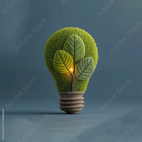Fototapeta Creative concept of eco innovation and renewable energy. Light bulbs made of leaves, glowing green technology symbols, and futuristic eco icons representing clean energy and environmental progress.