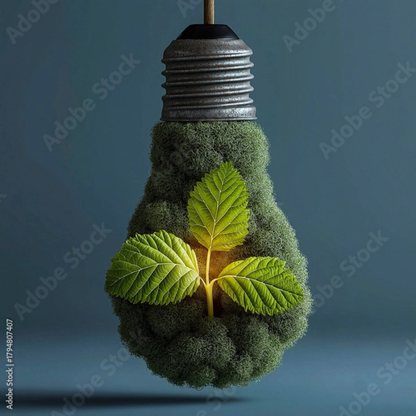 Fototapeta Creative concept of eco innovation and renewable energy. Light bulbs made of leaves, glowing green technology symbols, and futuristic eco icons representing clean energy and environmental progress.