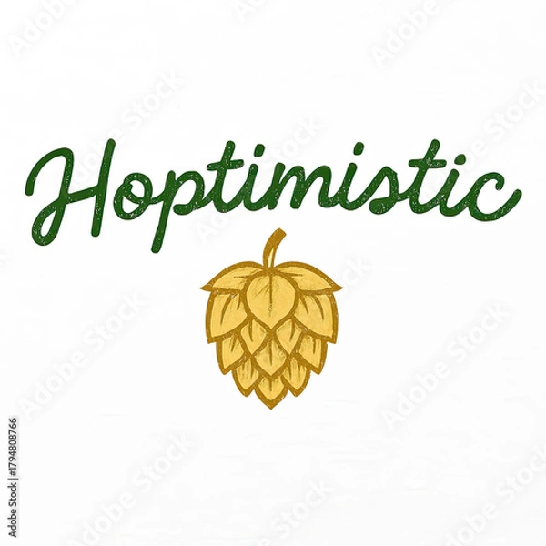 Fototapeta "Hoptimistic" green textured script font with a golden hop cone. Cheerful design for craft beer brands, breweries, homebrewers, celebrating hops & optimistic spirit. Ideal for merchandise, b