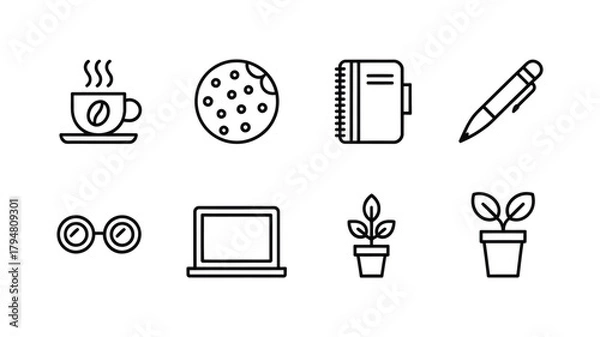 Fototapeta Simple line art icons for productivity and workspace essentials