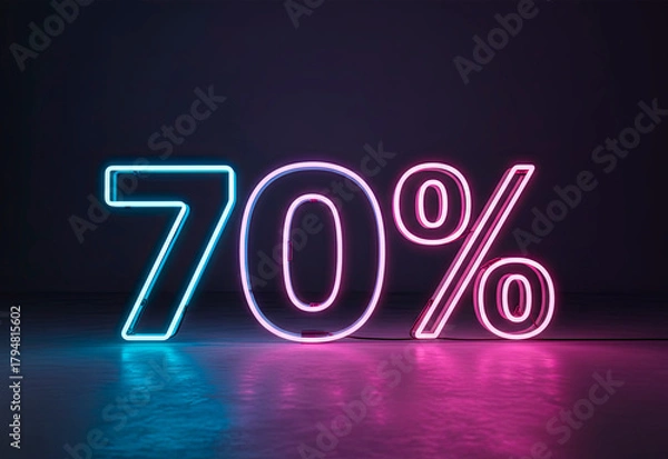 Obraz Neon discount banner displaying 70% off in bright blue and pink colors against a dark background. The numbers are bold and eye-catching, ideal for promotions.