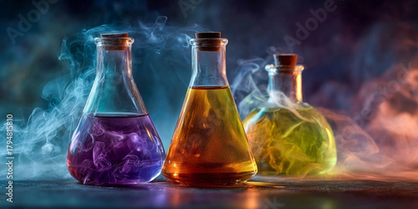 Fototapeta creative composition of chemical liquids mixing in glass flasks with colorful smoke in artistic laboratory