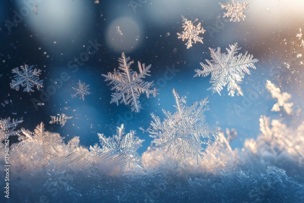 Fototapeta detailed macro view of frosty snowflakes on glass window with bright winter light