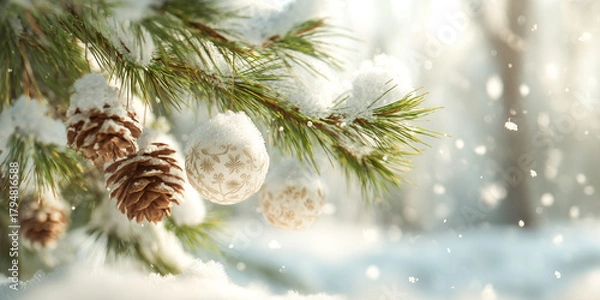 Obraz bright close up of pine branch covered with snow and small decorative ornaments in soft winter light