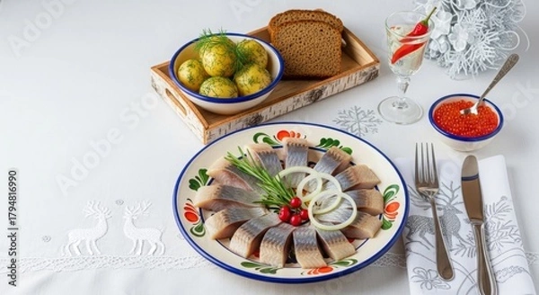 Obraz Herring fillet with bread, potatoes and red caviar on the table.