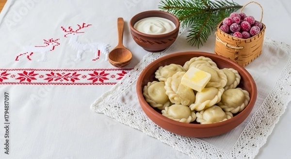Obraz Traditional dumplings served with sour cream and cranberries  
