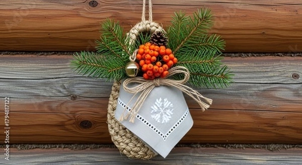 Obraz Decorative winter arrangement with berries and pine on wood background  