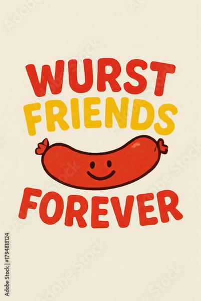 Fototapeta Wurst Friends Forever: A funny, retro design featuring a happy, smiling sausage character, celebrating unbreakable bonds and shared laughter among best friends. Perfect for hot dog lovers an