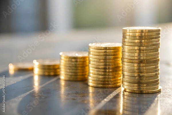 Obraz Golden coin stacks arranged in increasing height, symbolizing financial savings, investment growth, wealth creation, budgeting, and long-term economic planning.