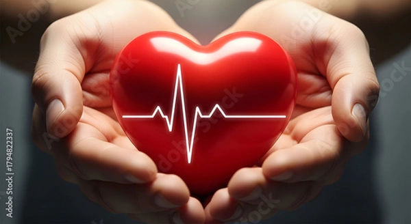 Obraz Hands Holding a Red Heart with EKG Line Healthcare Wellness and Medical Concept