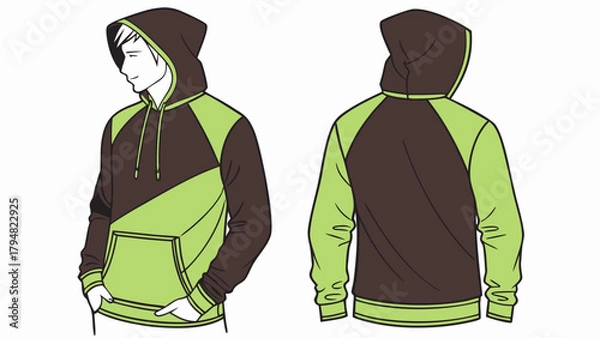 Obraz Green brown sweatshirt hoodie mockup  front and back, provided on a white background.