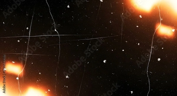 Fototapeta Abstract background with glowing particles and scratches, simulating old film or digital noise, with warm orange light flares