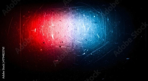 Fototapeta Abstract background with red and blue lights, symbolizing emergency, police, or nightlife, with a gritty, textured, and scratched surface