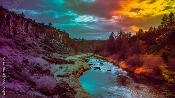 Fototapeta Glowing Canyon River Beneath a Rainbow Sky – Vibrant Desert Cliffs, Colorful Atmosphere, and Stunning Natural Scenery